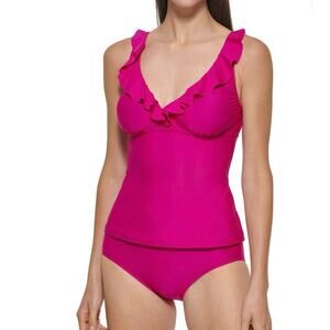 NWT DKNY Tankini Top Womens L Fuchsia Pink Ruffle Swim UPF Feminine Resort